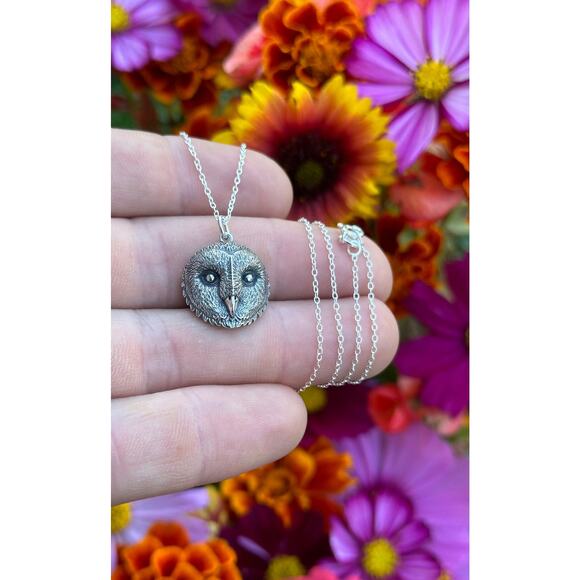 Sterling Silver Barn Owl Face Necklace, Silver Barn Owl Face Necklace - Picture 1 of 4